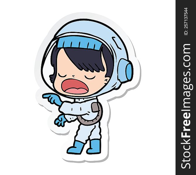 Sticker Of A Cartoon Astronaut Woman Pointing And Talking