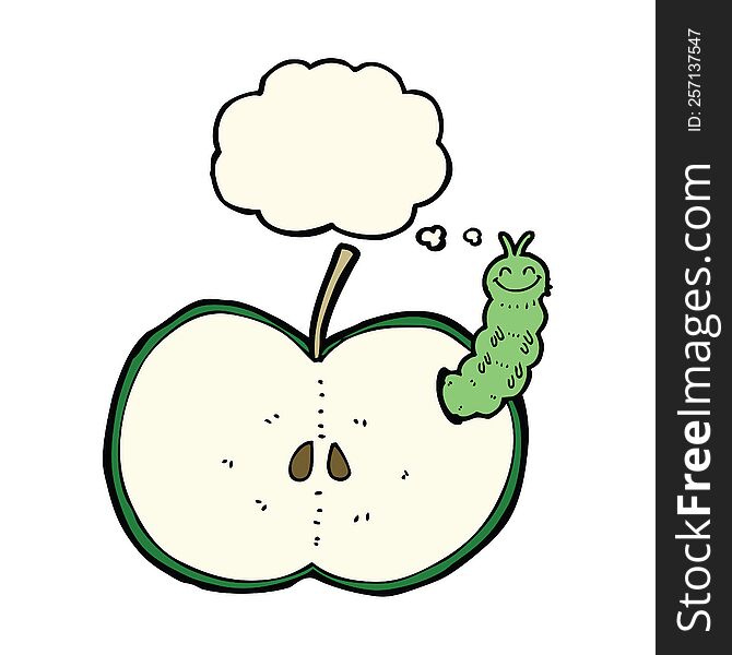 cartoon bug eating apple with thought bubble