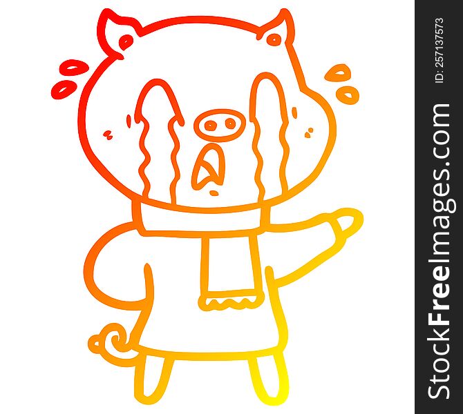 warm gradient line drawing of a crying pig cartoon wearing human clothes