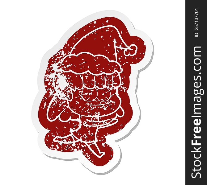 quirky cartoon distressed sticker of a smiling woman wearing santa hat