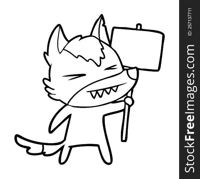 angry wolf cartoon with placard. angry wolf cartoon with placard