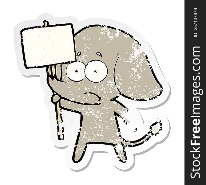 distressed sticker of a cartoon unsure elephant with protest sign