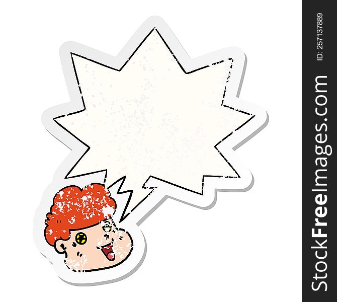 Cartoon Boy S Face And Speech Bubble Distressed Sticker