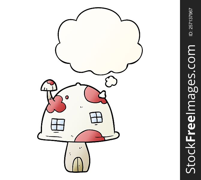 Cartoon Mushroom House And Thought Bubble In Smooth Gradient Style