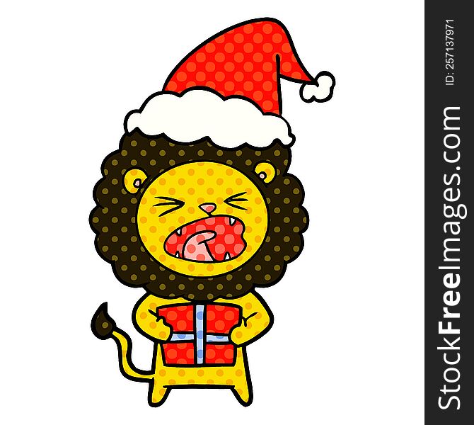 hand drawn comic book style illustration of a lion with christmas present wearing santa hat