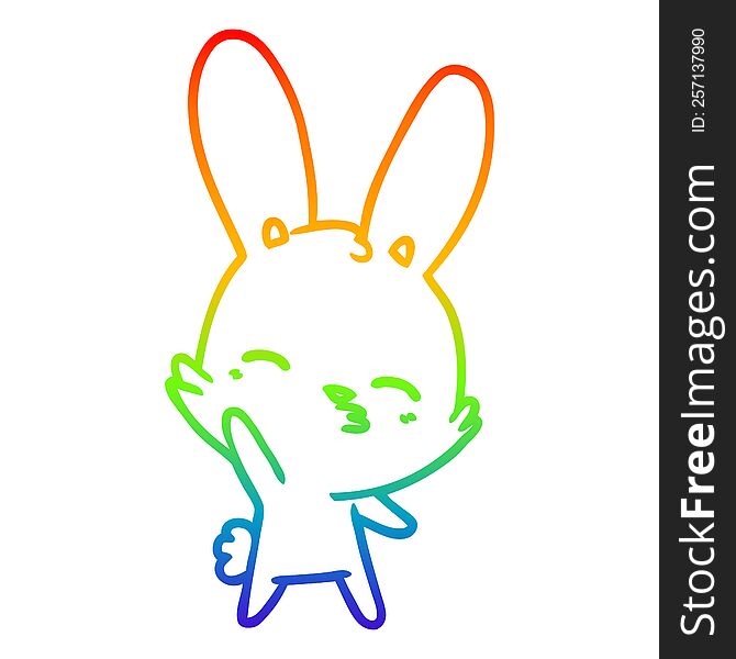 rainbow gradient line drawing of a curious waving bunny cartoon