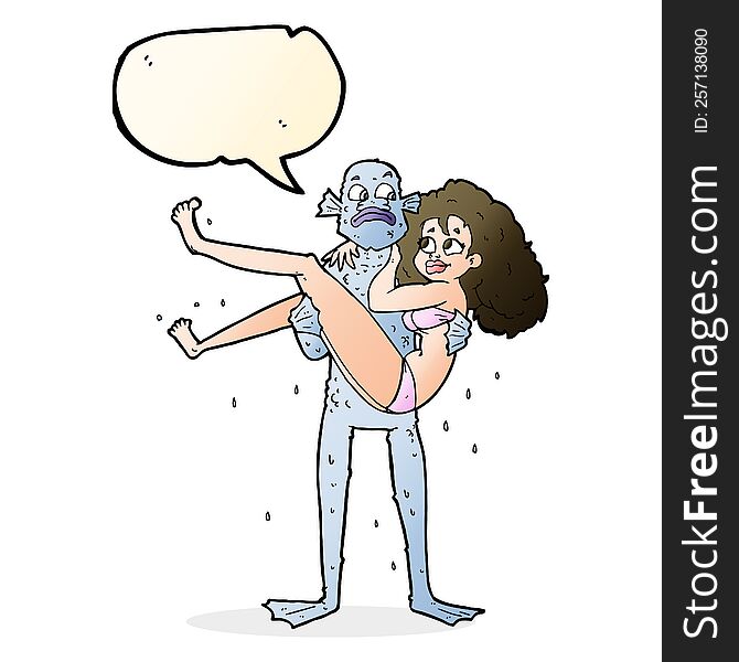 Cartoon Swamp Monster Carrying Woman In Bikini With Speech Bubble