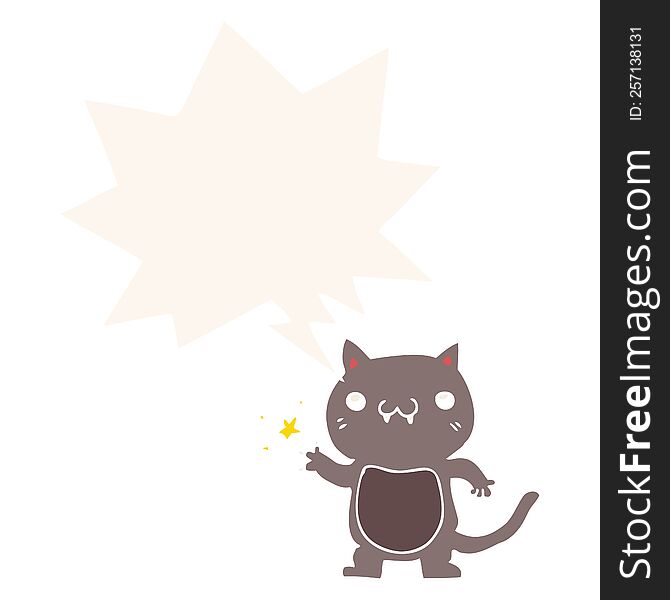 cartoon cat scratching and speech bubble in retro style