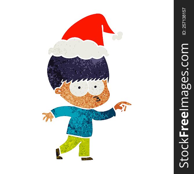 nervous hand drawn retro cartoon of a boy wearing santa hat. nervous hand drawn retro cartoon of a boy wearing santa hat