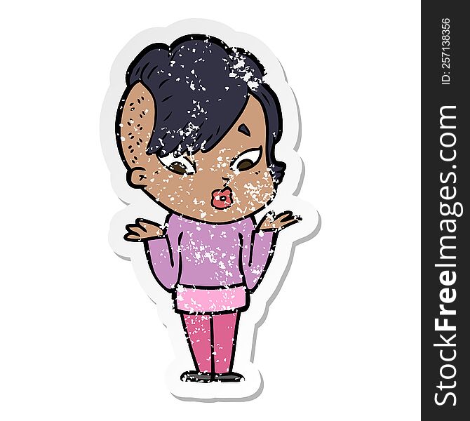Distressed Sticker Of A Cartoon Surprised Girl Shrugging