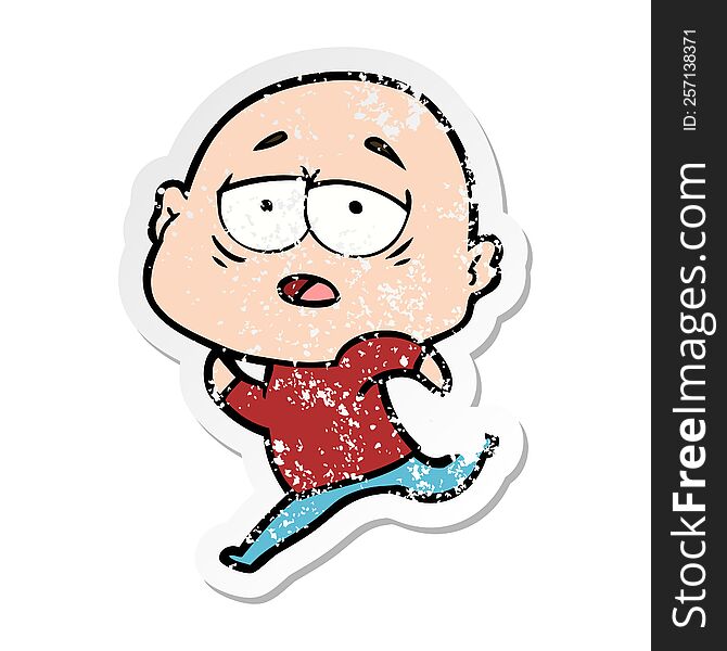 distressed sticker of a cartoon tired bald man