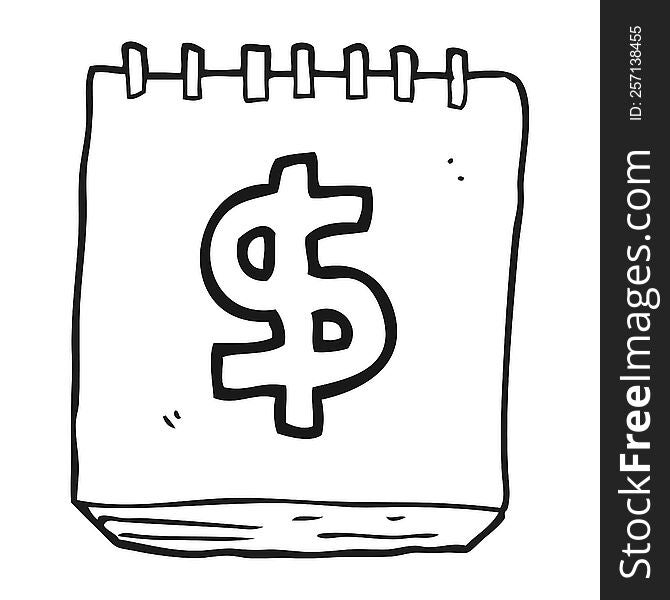 black and white cartoon note pad with dollar symbol