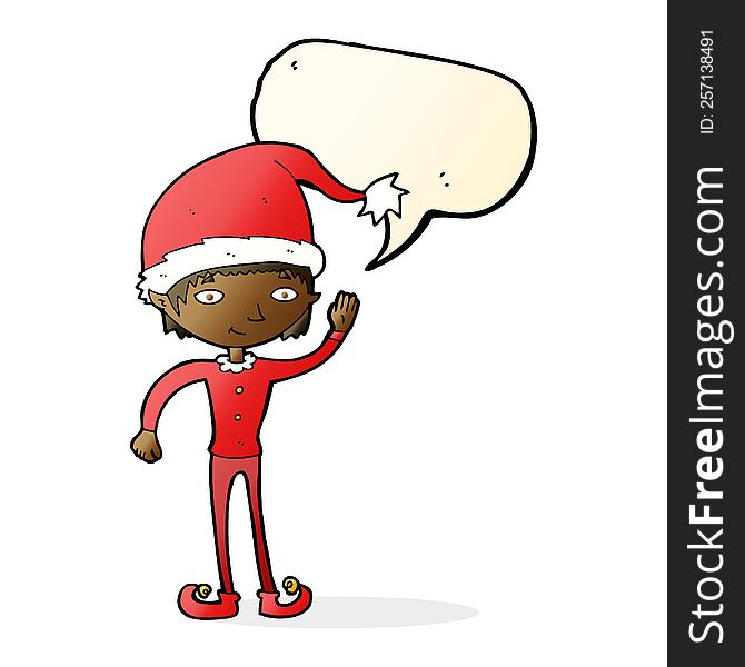 Cartoon Waving Christmas Elf With Speech Bubble