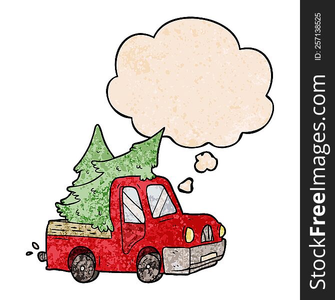 cartoon pickup truck carrying trees and thought bubble in grunge texture pattern style