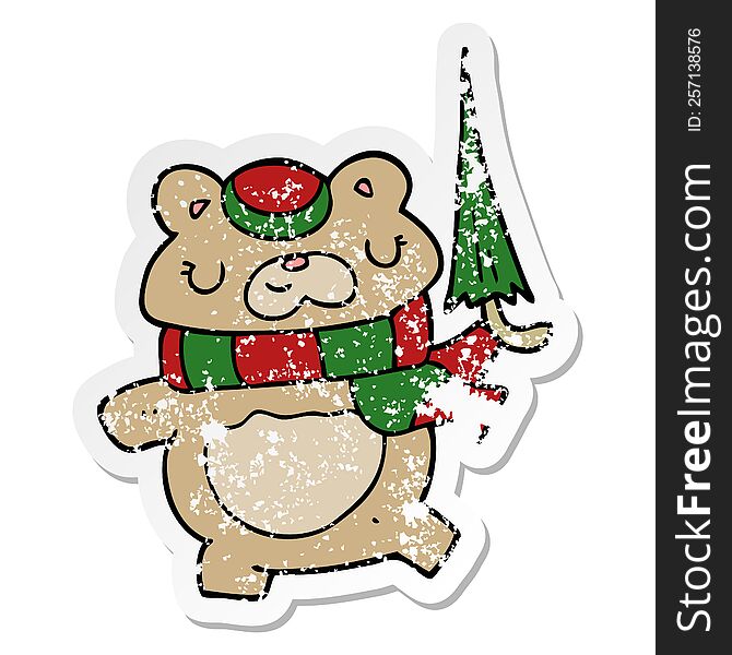 Distressed Sticker Of A Cartoon Bear With Umbrella