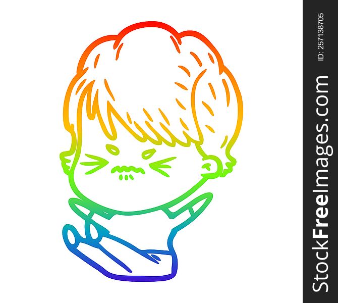 Rainbow Gradient Line Drawing Cartoon Frustrated Woman