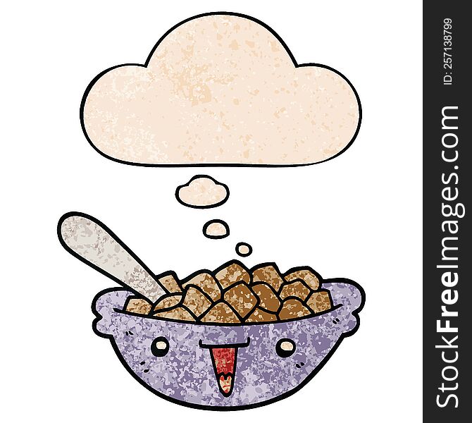 cute cartoon bowl of cereal with thought bubble in grunge texture style. cute cartoon bowl of cereal with thought bubble in grunge texture style