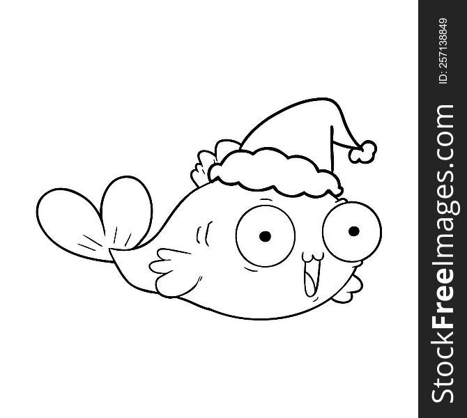 happy goldfish hand drawn line drawing of a wearing santa hat. happy goldfish hand drawn line drawing of a wearing santa hat