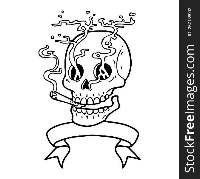 Black Linework Tattoo With Banner Of A Skull Smoking