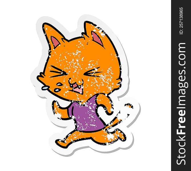Distressed Sticker Of A Cartoon Running Cat Hissing