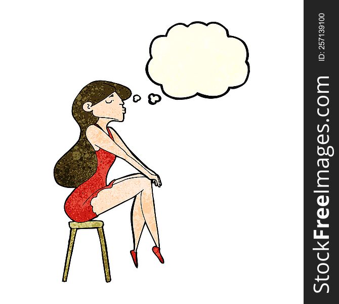 Cartoon Woman Sitting On Stool With Thought Bubble