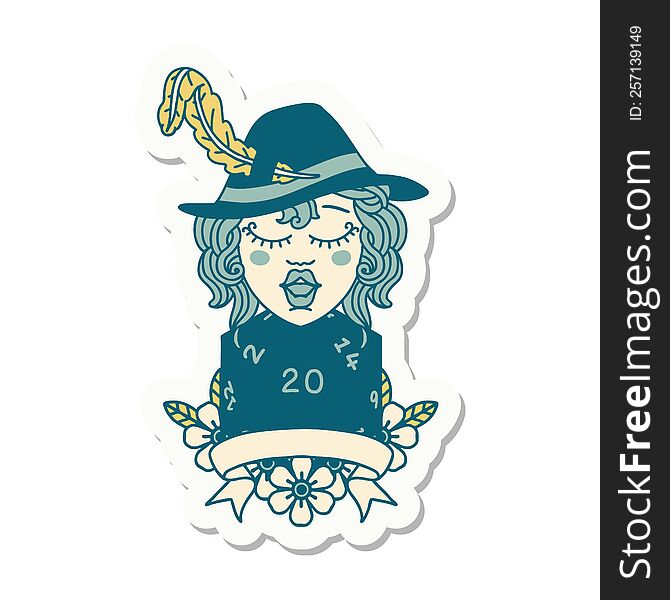 sticker of a human bard character with natural 20 dice roll. sticker of a human bard character with natural 20 dice roll