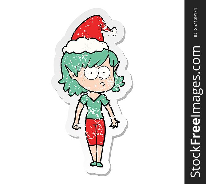 distressed sticker cartoon of a elf girl staring wearing santa hat