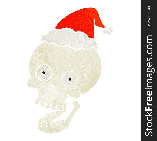 hand drawn retro cartoon of a skull wearing santa hat