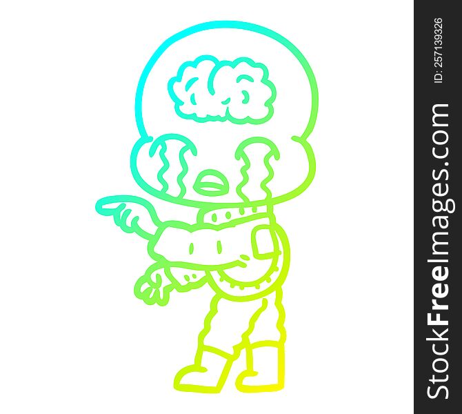 cold gradient line drawing of a cartoon big brain alien crying and pointing