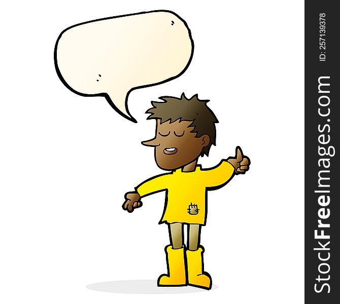 cartoon poor boy with positive attitude with speech bubble