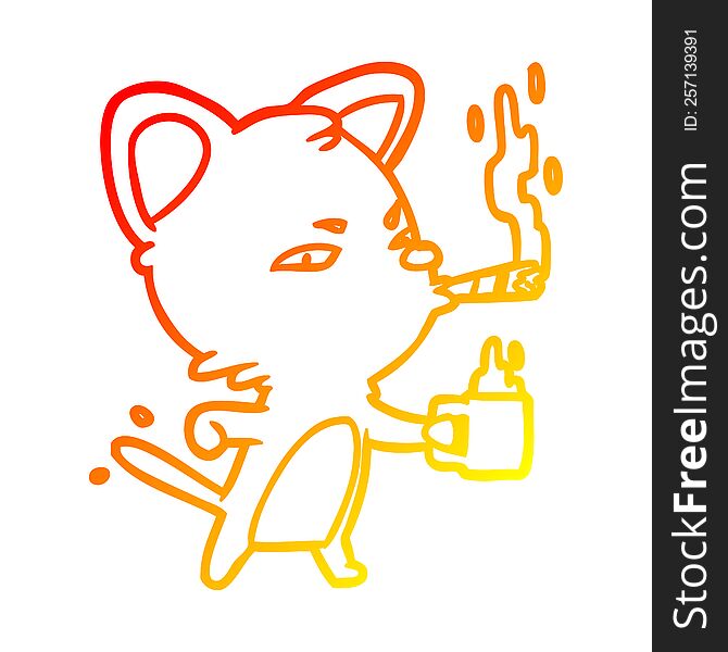 warm gradient line drawing of a serious business cat with coffee and cigar