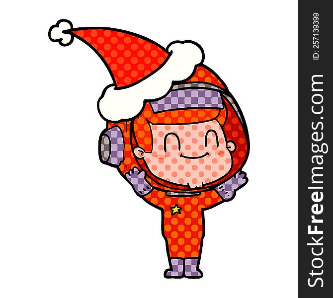 happy hand drawn comic book style illustration of a astronaut man wearing santa hat