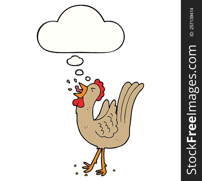 cartoon crowing cockerel with thought bubble. cartoon crowing cockerel with thought bubble