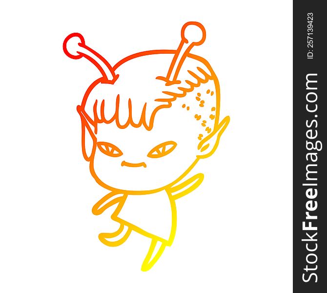 warm gradient line drawing of a cute cartoon alien girl