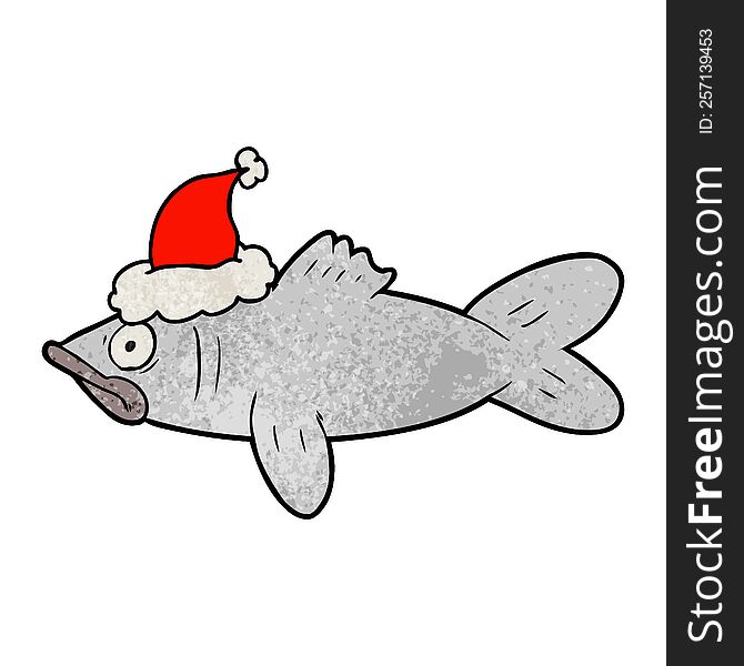 hand drawn textured cartoon of a fish wearing santa hat