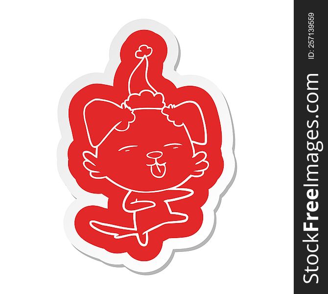 Cartoon  Sticker Of A Dog Dancing Wearing Santa Hat