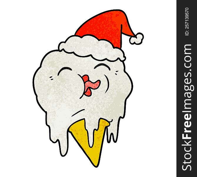 hand drawn textured cartoon of a melting ice cream wearing santa hat