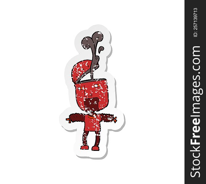 Retro Distressed Sticker Of A Funny Cartoon Robot With Open Head