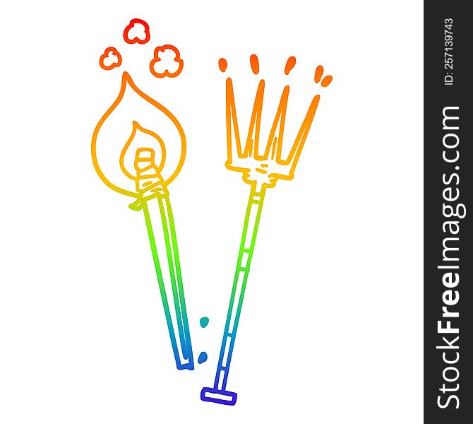 rainbow gradient line drawing of a cartoon pitchfork and burning brand