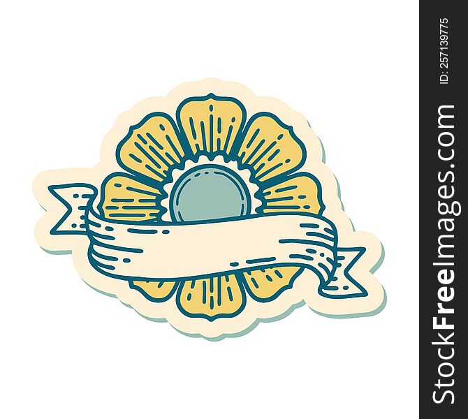 Tattoo Style Sticker Of A Flower And Banner