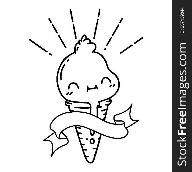 Banner With Black Line Work Tattoo Style Ice Cream Character