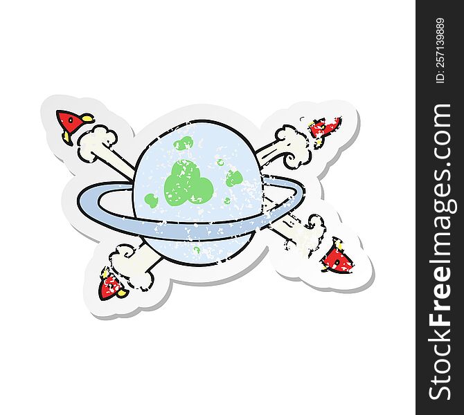 retro distressed sticker of a cartoon rockets leaving a planet