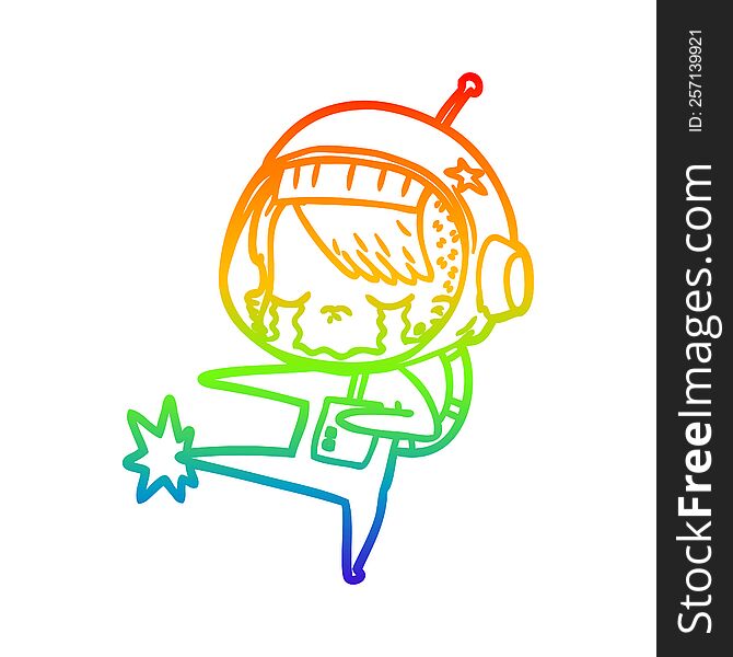 rainbow gradient line drawing of a cartoon crying astronaut girl kicking