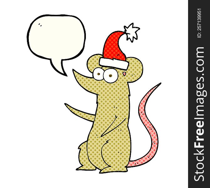 freehand drawn comic book speech bubble cartoon mouse wearing christmas hat