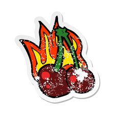 Retro Distressed Sticker Of A Cartoon Flaming Cherries Royalty Free Stock Photos