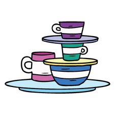 Cartoon Doodle Of Colourful Bowls And Plates Stock Image
