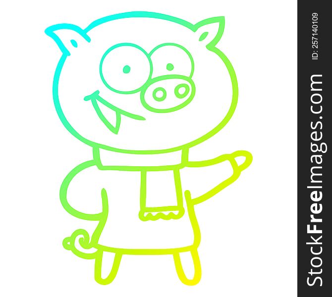 cold gradient line drawing of a cheerful pig wearing winter clothes cartoon