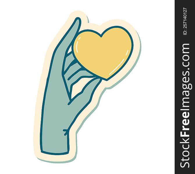 sticker of tattoo in traditional style of a hand holding a heart. sticker of tattoo in traditional style of a hand holding a heart