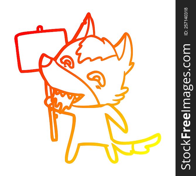 warm gradient line drawing of a cartoon hungry wolf with sign post