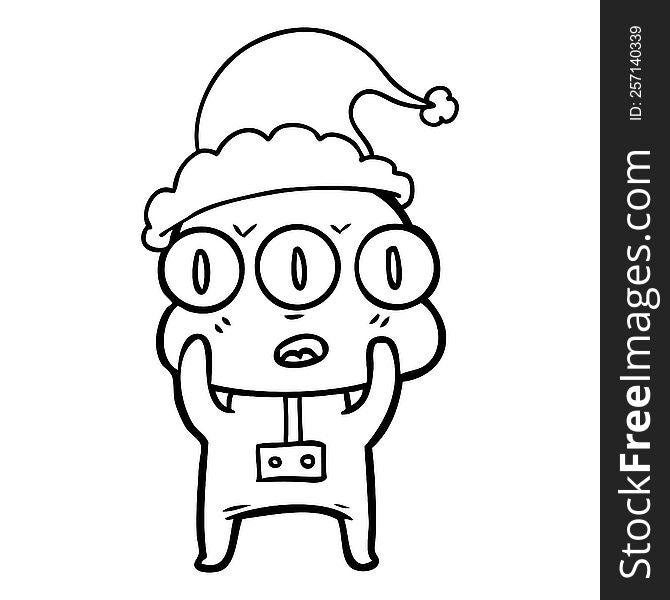 hand drawn line drawing of a three eyed alien wearing santa hat